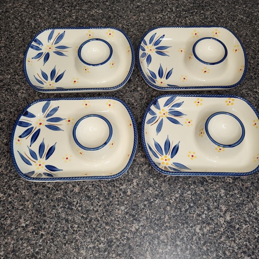 Temp-tations By Tara Old World Blue Set 4 Deviled Egg Snack Dip Plates